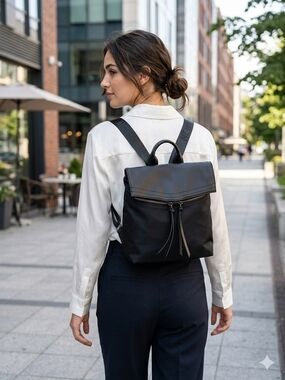Botkier New Youk Classic Black Women's Backpack with Fold-Over Flap, Leather.